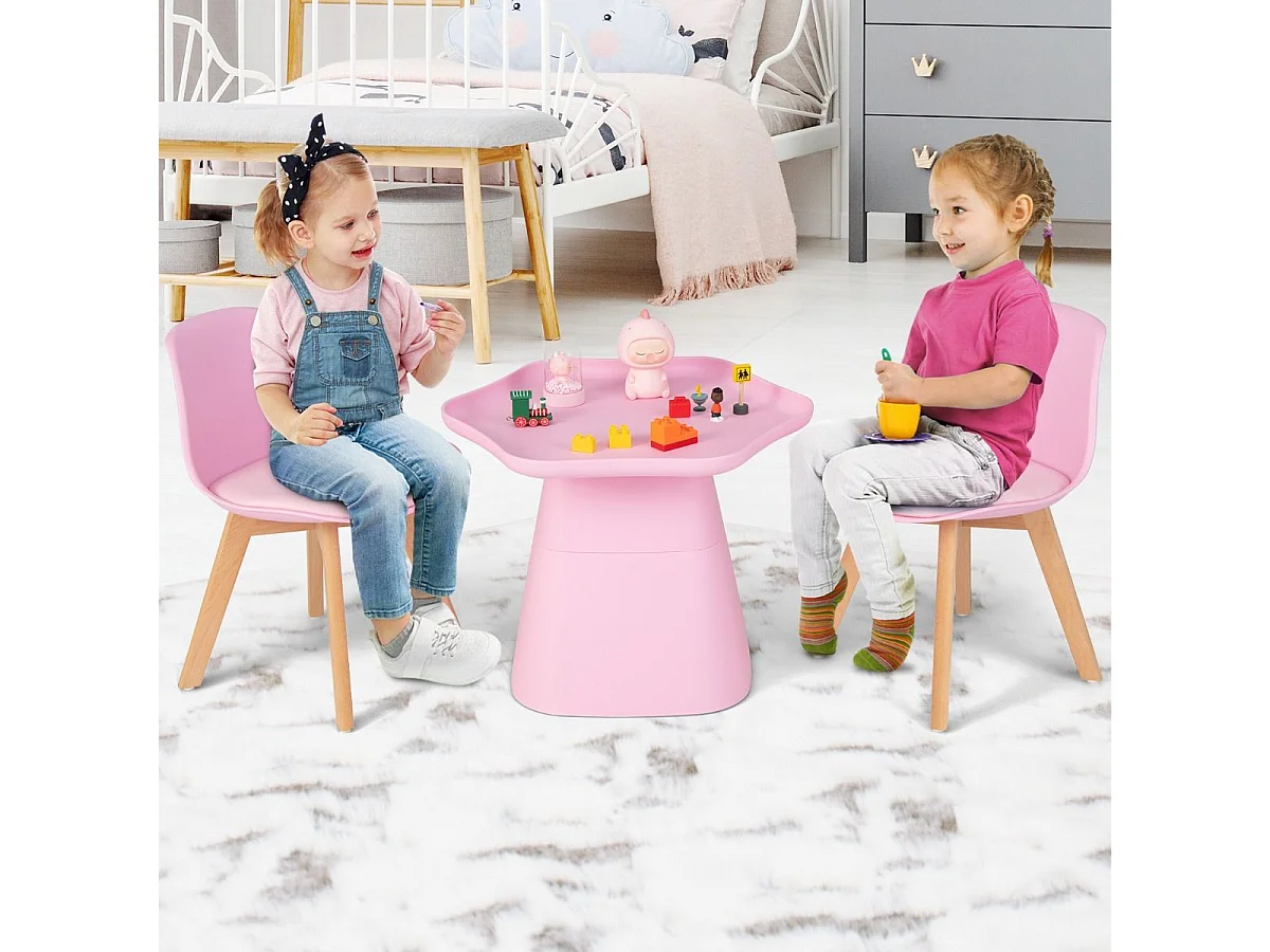 Table Enfant et 2 Chaises en Bois avec Dossier Ergonomique & Coussin, Table Enfant en Forme Fleur avec Conception Concave, Charge 50kg pour Tout-Petits de 3-8 Ans, Rose