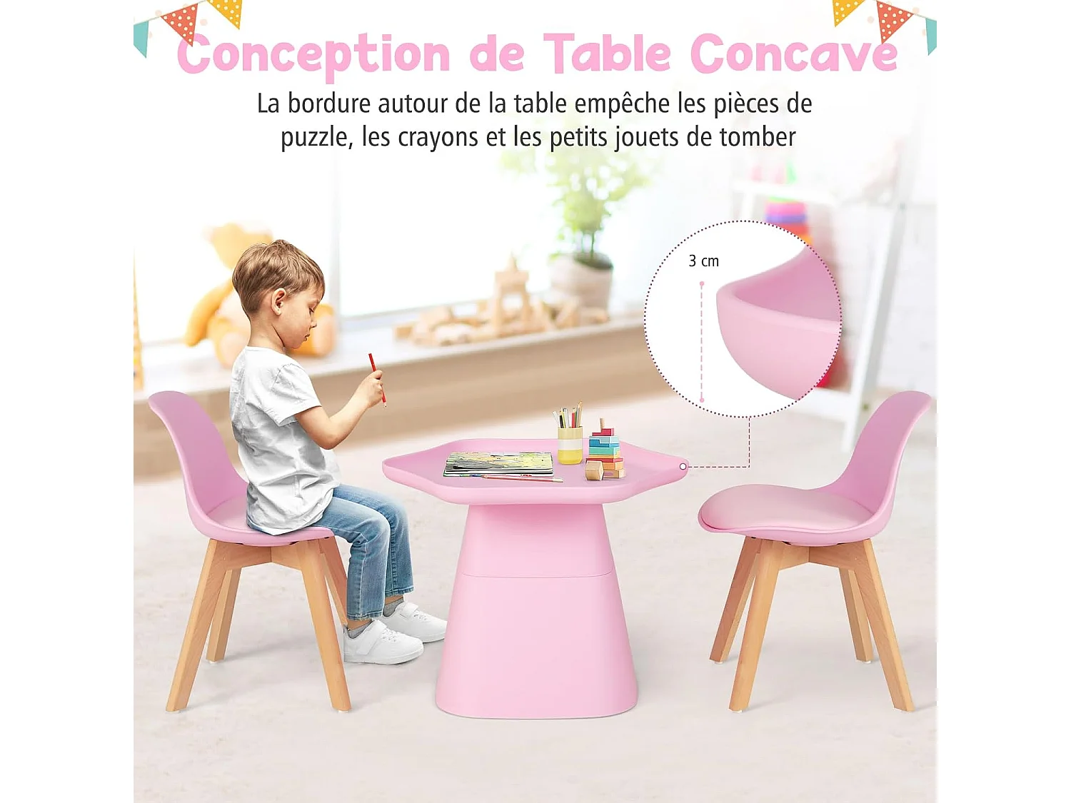 Table Enfant et 2 Chaises en Bois avec Dossier Ergonomique & Coussin, Table Enfant en Forme Fleur avec Conception Concave, Charge 50kg pour Tout-Petits de 3-8 Ans, Rose