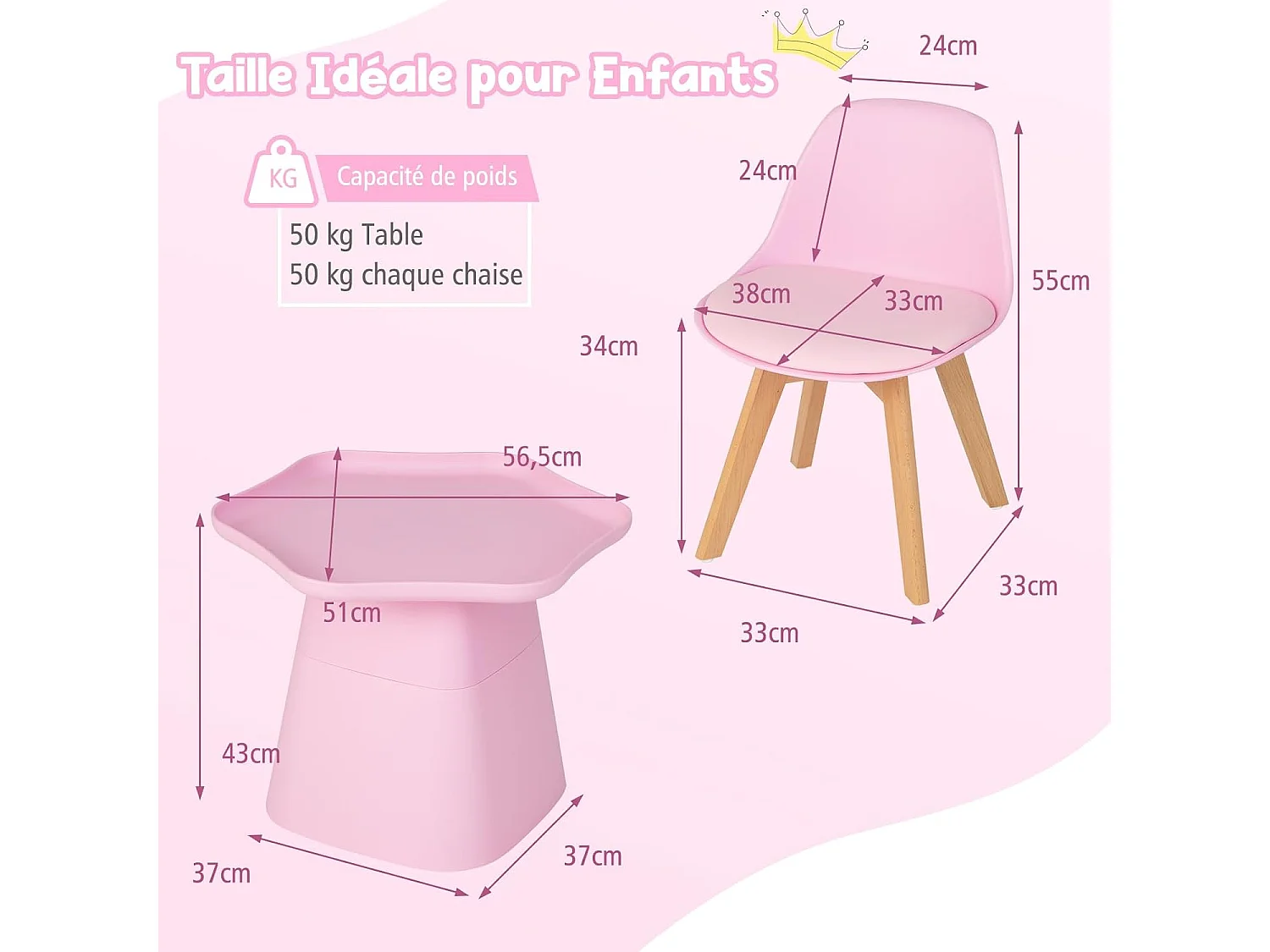 Table Enfant et 2 Chaises en Bois avec Dossier Ergonomique & Coussin, Table Enfant en Forme Fleur avec Conception Concave, Charge 50kg pour Tout-Petits de 3-8 Ans, Rose