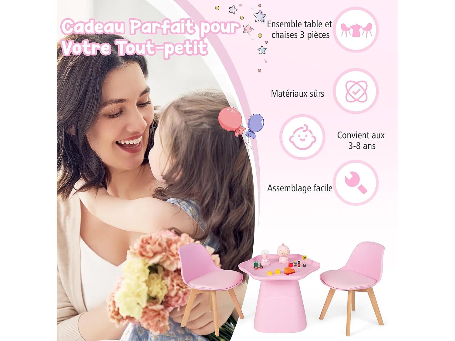 Table Enfant et 2 Chaises en Bois avec Dossier Ergonomique & Coussin, Table Enfant en Forme Fleur avec Conception Concave, Charge 50kg pour Tout-Petits de 3-8 Ans, Rose