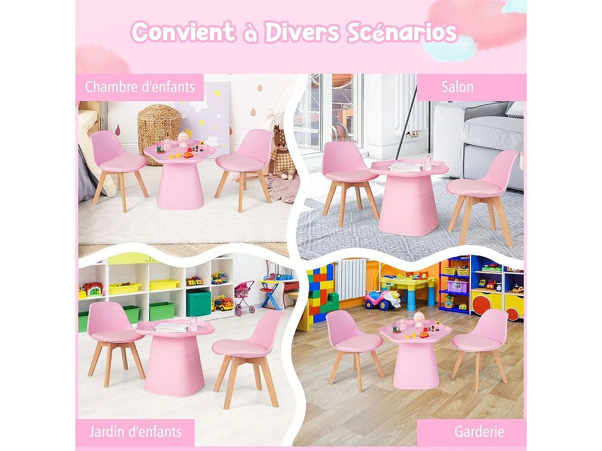 Table Enfant et 2 Chaises en Bois avec Dossier Ergonomique & Coussin, Table Enfant en Forme Fleur avec Conception Concave, Charge 50kg pour Tout-Petits de 3-8 Ans, Rose