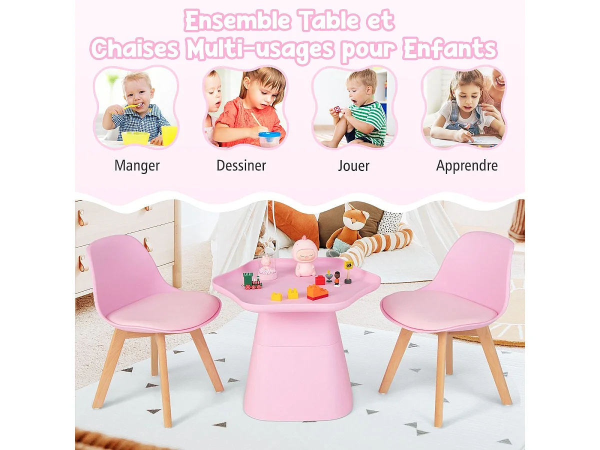 Table Enfant et 2 Chaises en Bois avec Dossier Ergonomique & Coussin, Table Enfant en Forme Fleur avec Conception Concave, Charge 50kg pour Tout-Petits de 3-8 Ans, Rose