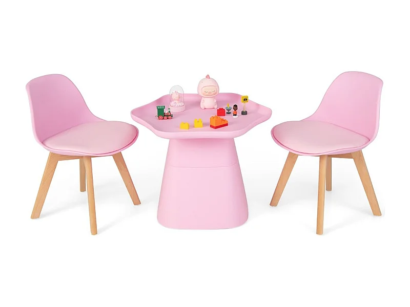 Table Enfant et 2 Chaises en Bois avec Dossier Ergonomique & Coussin, Table Enfant en Forme Fleur avec Conception Concave, Charge 50kg pour Tout-Petits de 3-8 Ans, Rose