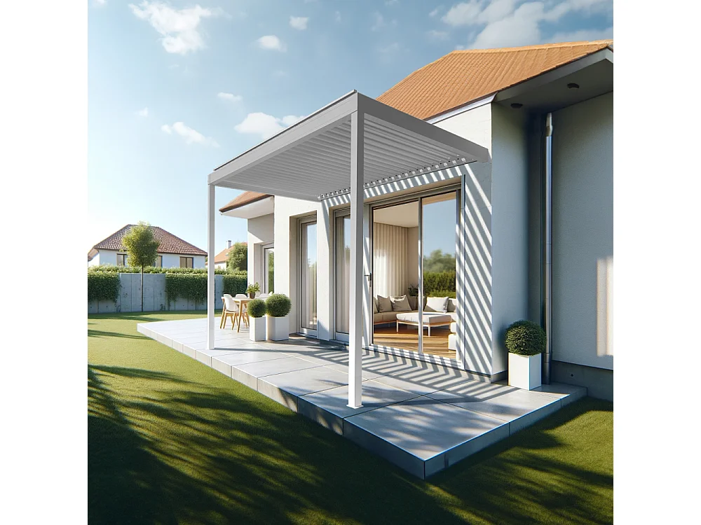 Pergola Bioclimatique AVANOA perpendiculaire 3,001x3,00 M Vérin à Télécommande (Blanc)