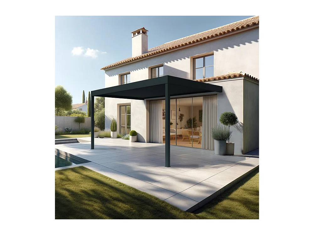 Pergola bioclimatique HELY perpendiculaire 4,09x4,50m Vérin à télécommande (Gris anthracite / Blanc)