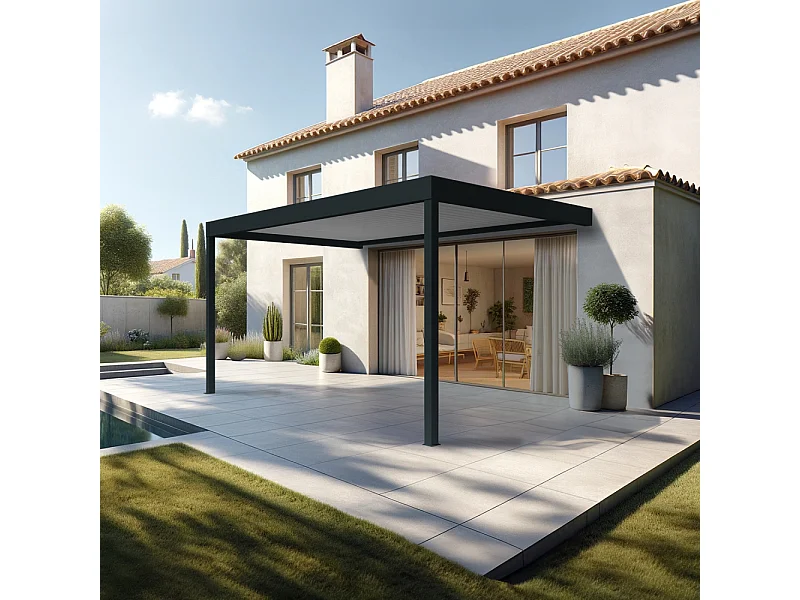 Pergola bioclimatique HELY perpendiculaire 4,97x3,00m Vérin à télécommande (Gris anthracite / Blanc)