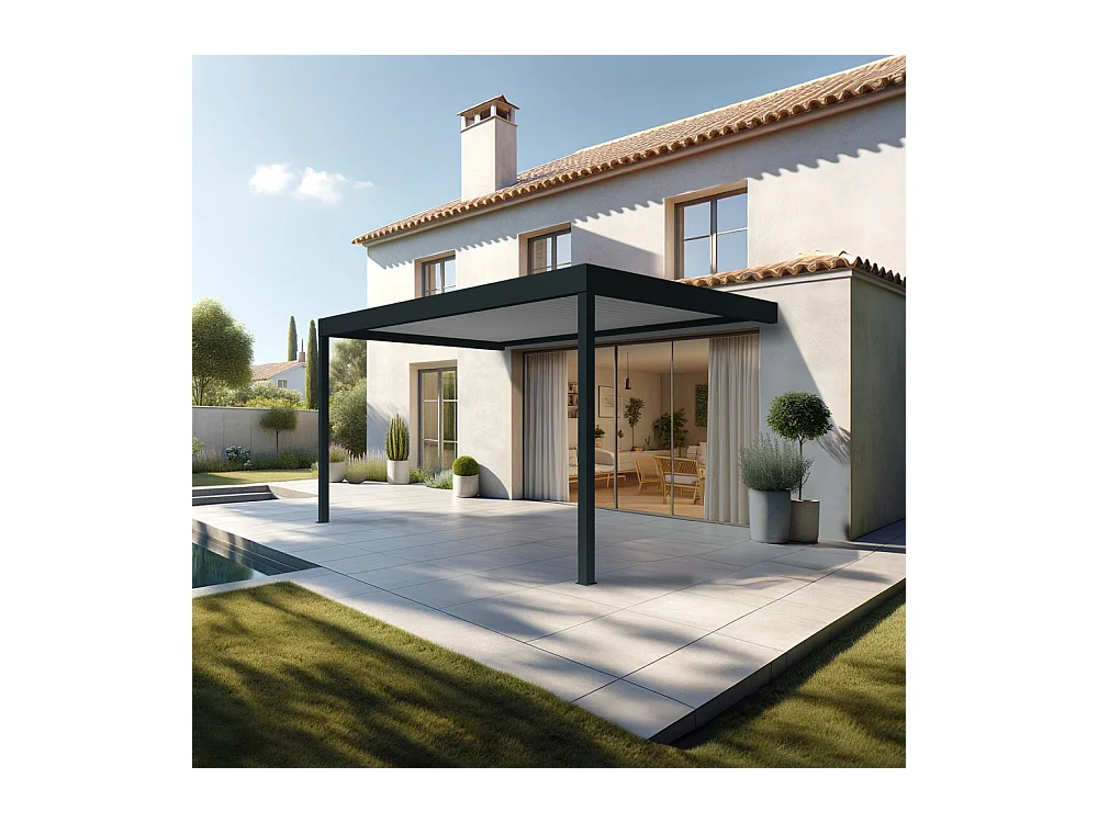 Pergola bioclimatique HELY perpendiculaire 4,97x3,00m Vérin à télécommande (Gris anthracite / Blanc)