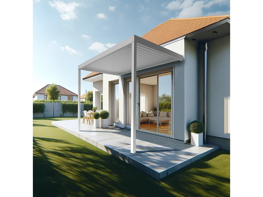 Pergola Bioclimatique AVANOA perpendiculaire 3,526x3,50 M Vérin à Télécommande (Blanc)