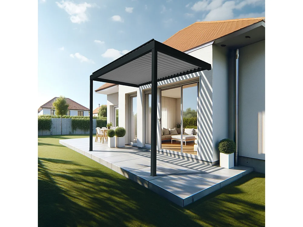 Pergola Bioclimatique AVANOA perpendiculaire 4,576x3,00 M Vérin à Télécommande (Gris anthracite / Blanc)