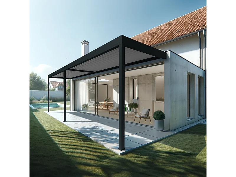 Pergola bioclimatique HELY 7,00x4,987m Vérin à télécommande (Gris anthracite / Blanc)