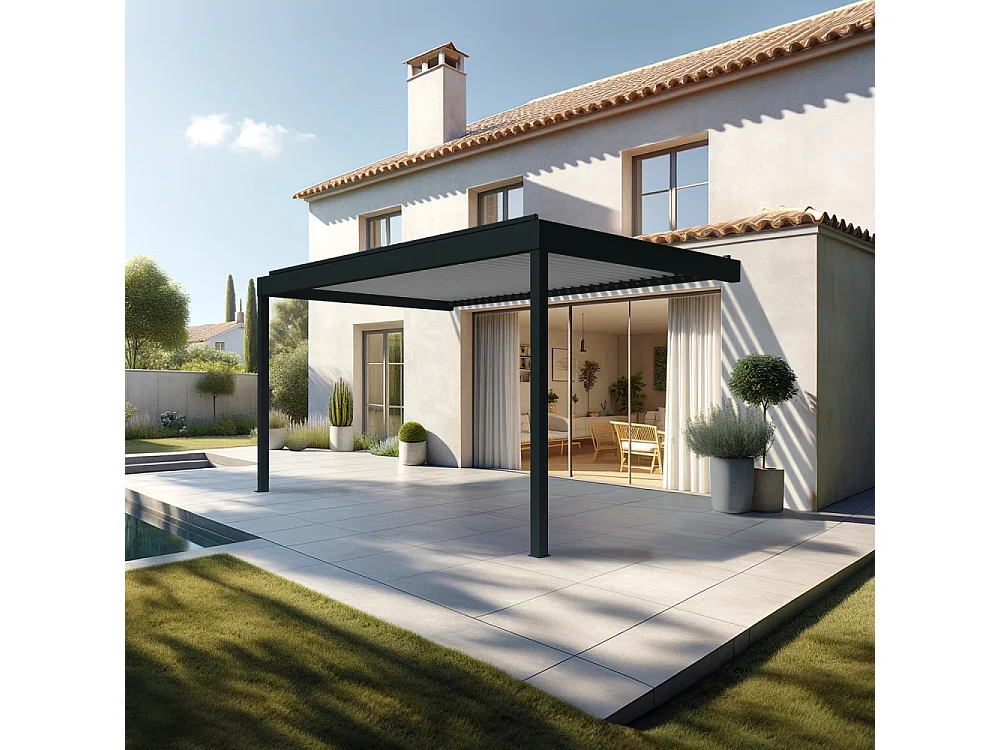 Pergola bioclimatique HELY perpendiculaire 6,02x3,00m Vérin à télécommande (Gris anthracite / Blanc)