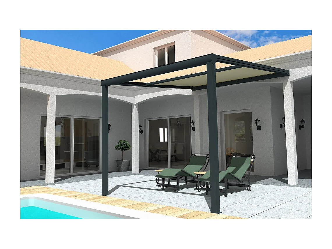 Pergola toile TILA 4,00x3,50m Motorisé à télécommande + manœuvre de secours (Ecru - Gris anthracite)