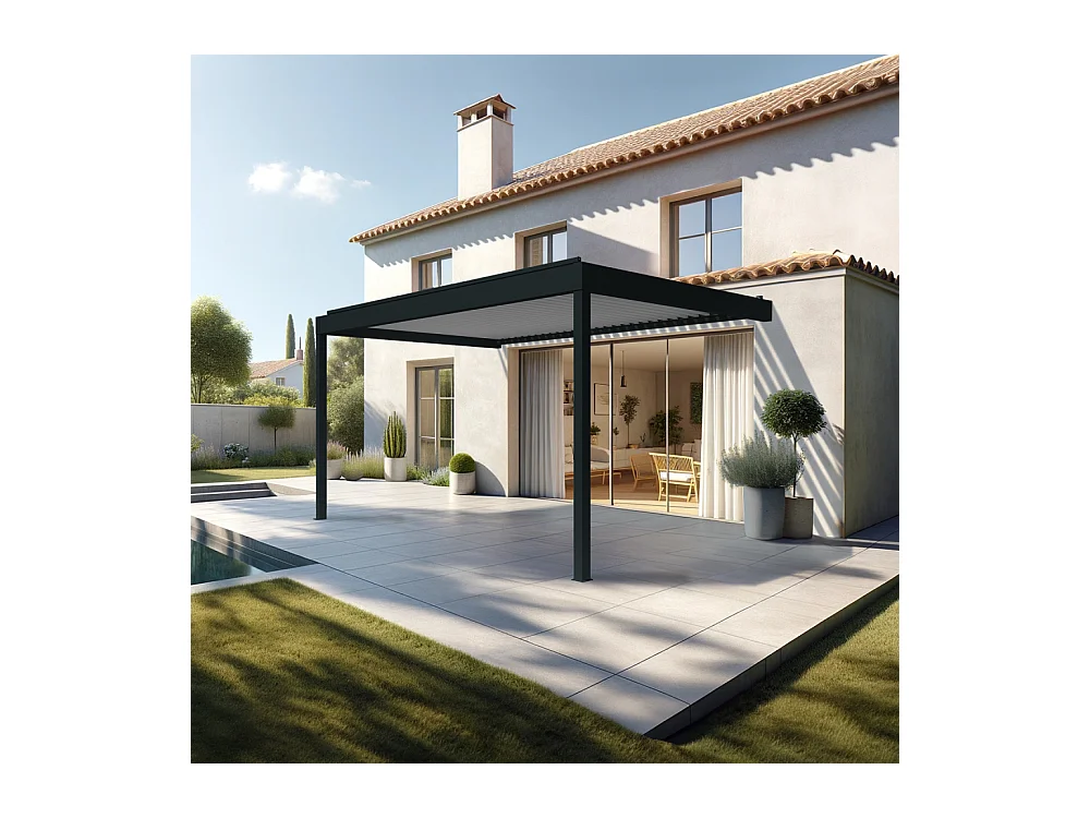 Pergola bioclimatique HELY perpendiculaire 4,97x4,00m Vérin à télécommande (Gris anthracite / Blanc)