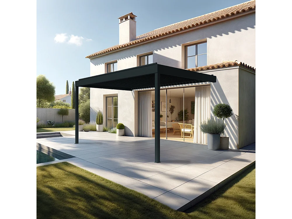 Pergola bioclimatique HELY perpendiculaire 4,97x4,50m Vérin à télécommande (Gris anthracite)