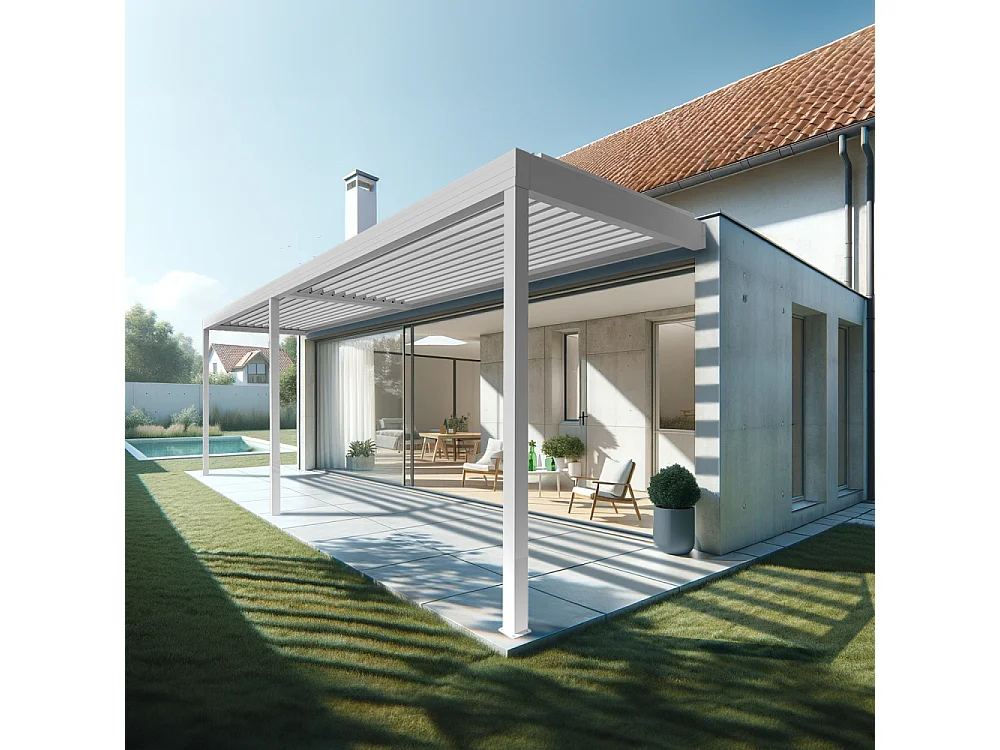 Pergola bioclimatique HELY 7,00x3,937m Vérin à télécommande (Blanc)