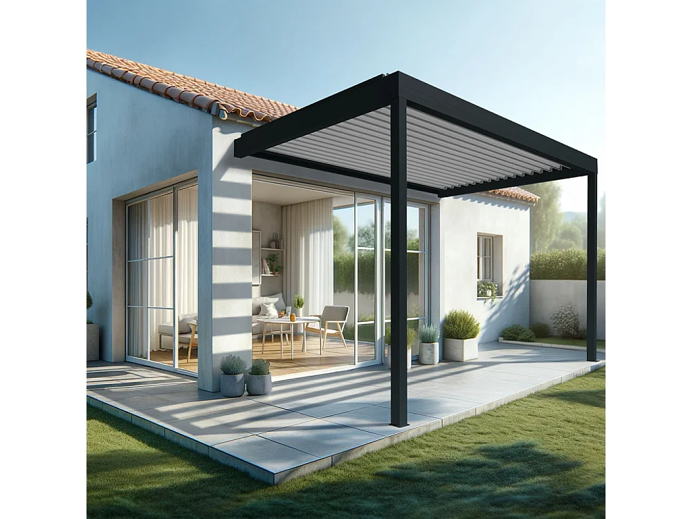 Pergola bioclimatique HELY 4,00x3,937m Vérin à télécommande (Gris anthracite / Blanc)