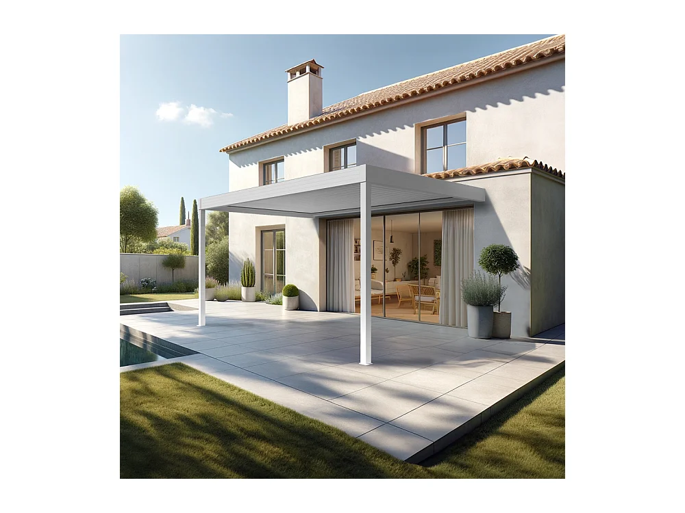 Pergola bioclimatique HELY perpendiculaire 4,97x3,00m Vérin à télécommande (Blanc)