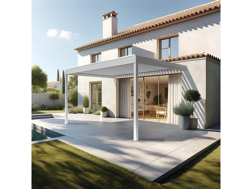 Pergola bioclimatique HELY perpendiculaire 4,97x3,00m Vérin à télécommande (Blanc)