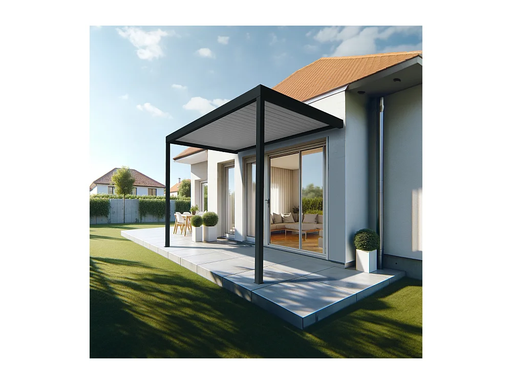 Pergola Bioclimatique AVANOA perpendiculaire 3,526x3,00 M Vérin à Télécommande (Gris anthracite / Blanc)