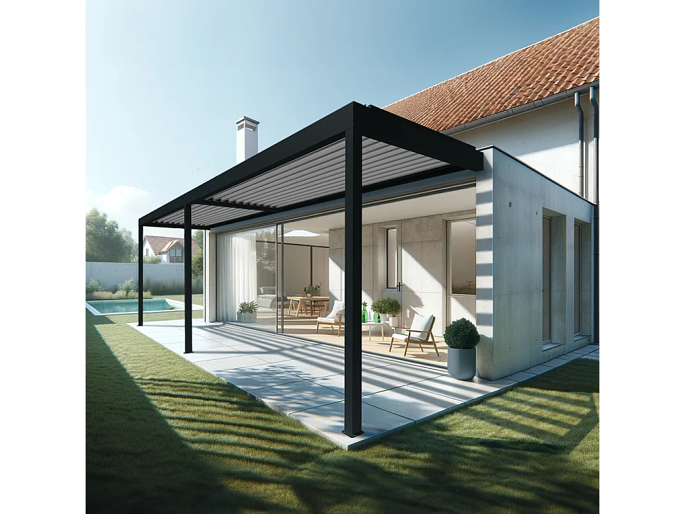 Pergola bioclimatique HELY 7,00x3,062m Vérin à télécommande (Gris anthracite / Blanc)