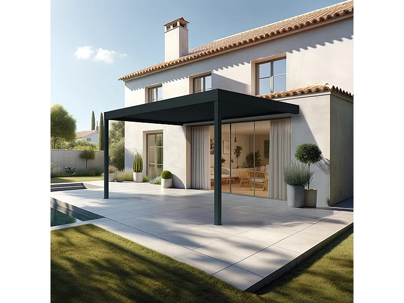 Pergola bioclimatique HELY perpendiculaire 6,02x4,00m Vérin à télécommande (Gris anthracite)