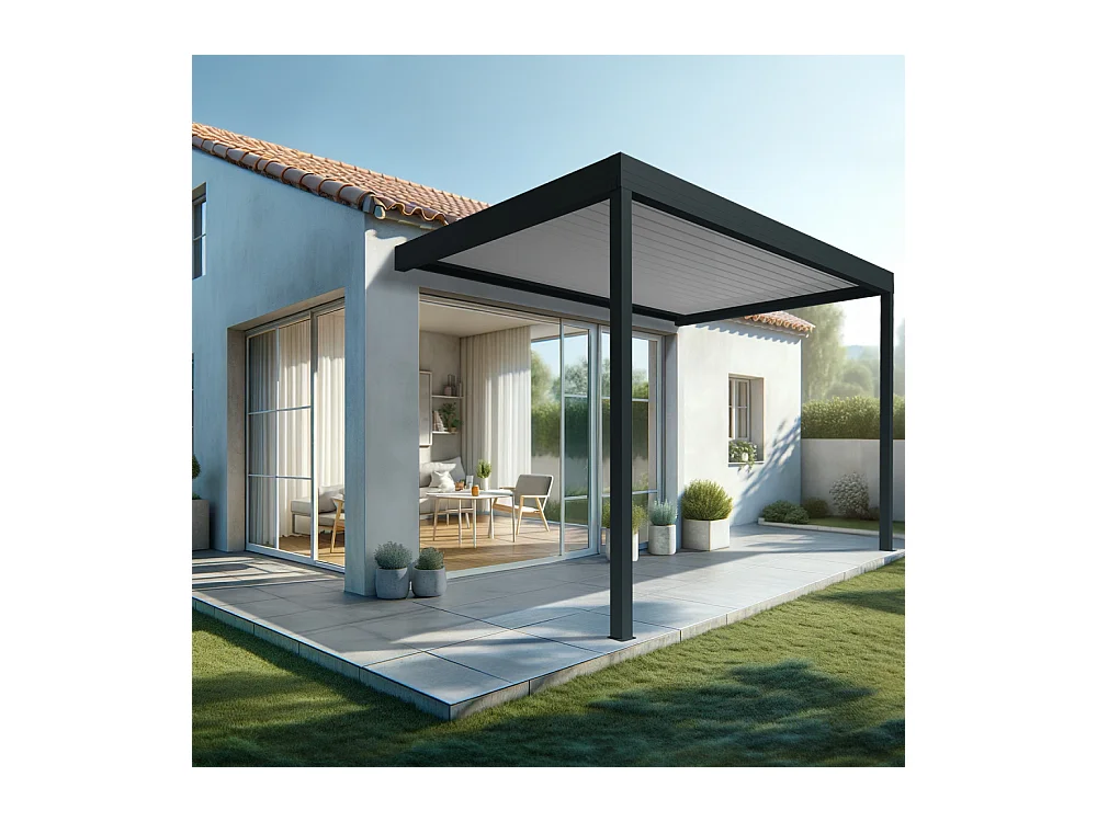 Pergola bioclimatique HELY 4,00x3,062m Vérin à télécommande (Gris anthracite / Blanc)