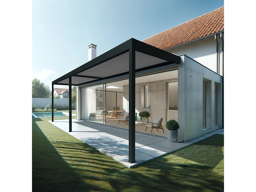 Pergola bioclimatique HELY 6,00x4,987m Vérin à télécommande (Gris anthracite / Blanc)