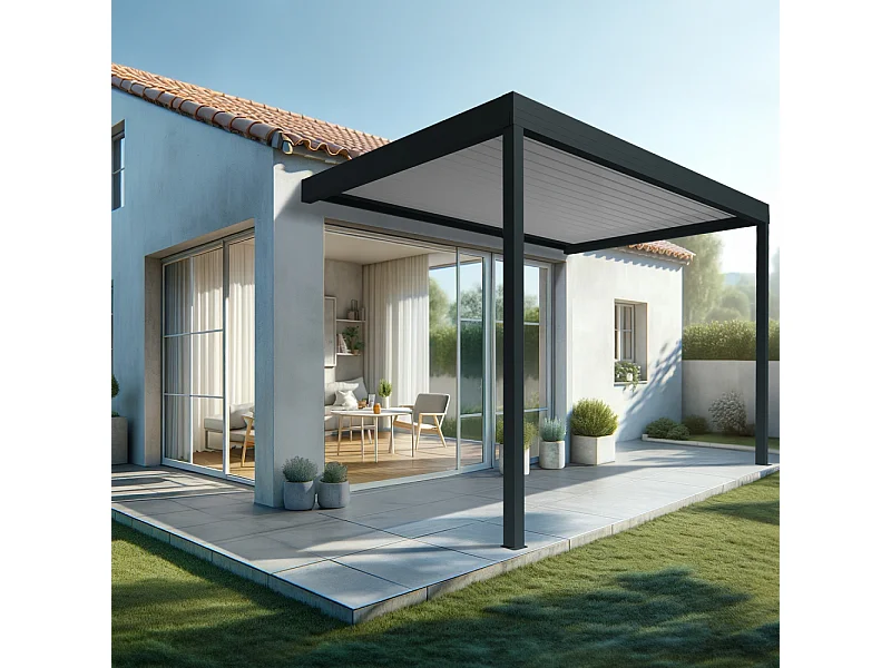 Pergola bioclimatique HELY 4,00x4,987m Vérin à télécommande (Gris anthracite / Blanc)
