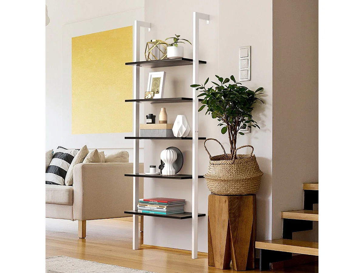 Étagère Échelle Bibliothèque 5 Niveaux avec Cadre Métallique, Étagère de Rangement Montage Incliné Style Industriel (Blanc+Marron)