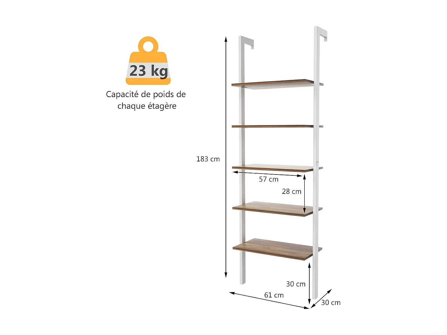 Étagère Échelle Bibliothèque 5 Niveaux avec Cadre Métallique, Étagère de Rangement Montage Incliné Style Industriel (Blanc+Marron)