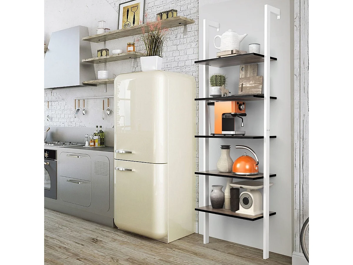 Étagère Échelle Bibliothèque 5 Niveaux avec Cadre Métallique, Étagère de Rangement Montage Incliné Style Industriel (Blanc+Marron)