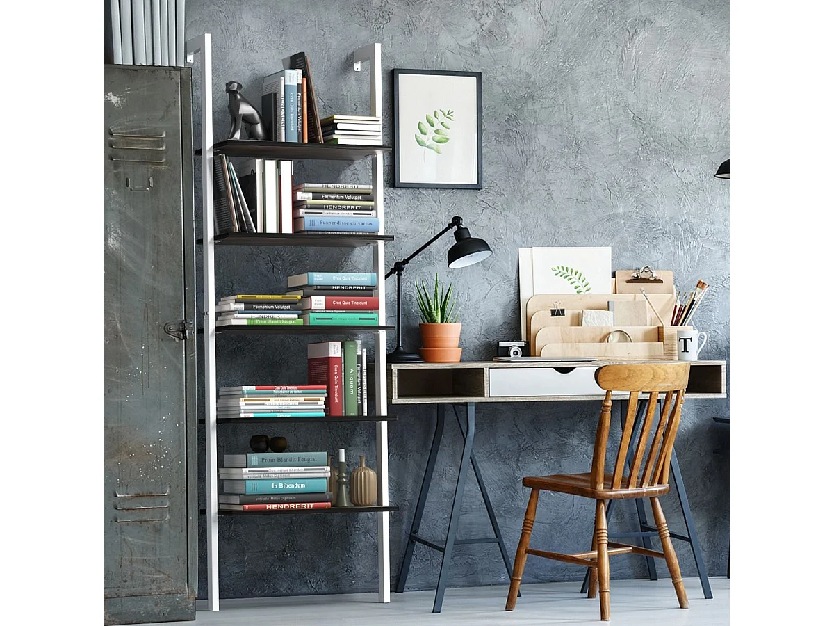 Étagère Échelle Bibliothèque 5 Niveaux avec Cadre Métallique, Étagère de Rangement Montage Incliné Style Industriel (Blanc+Marron)