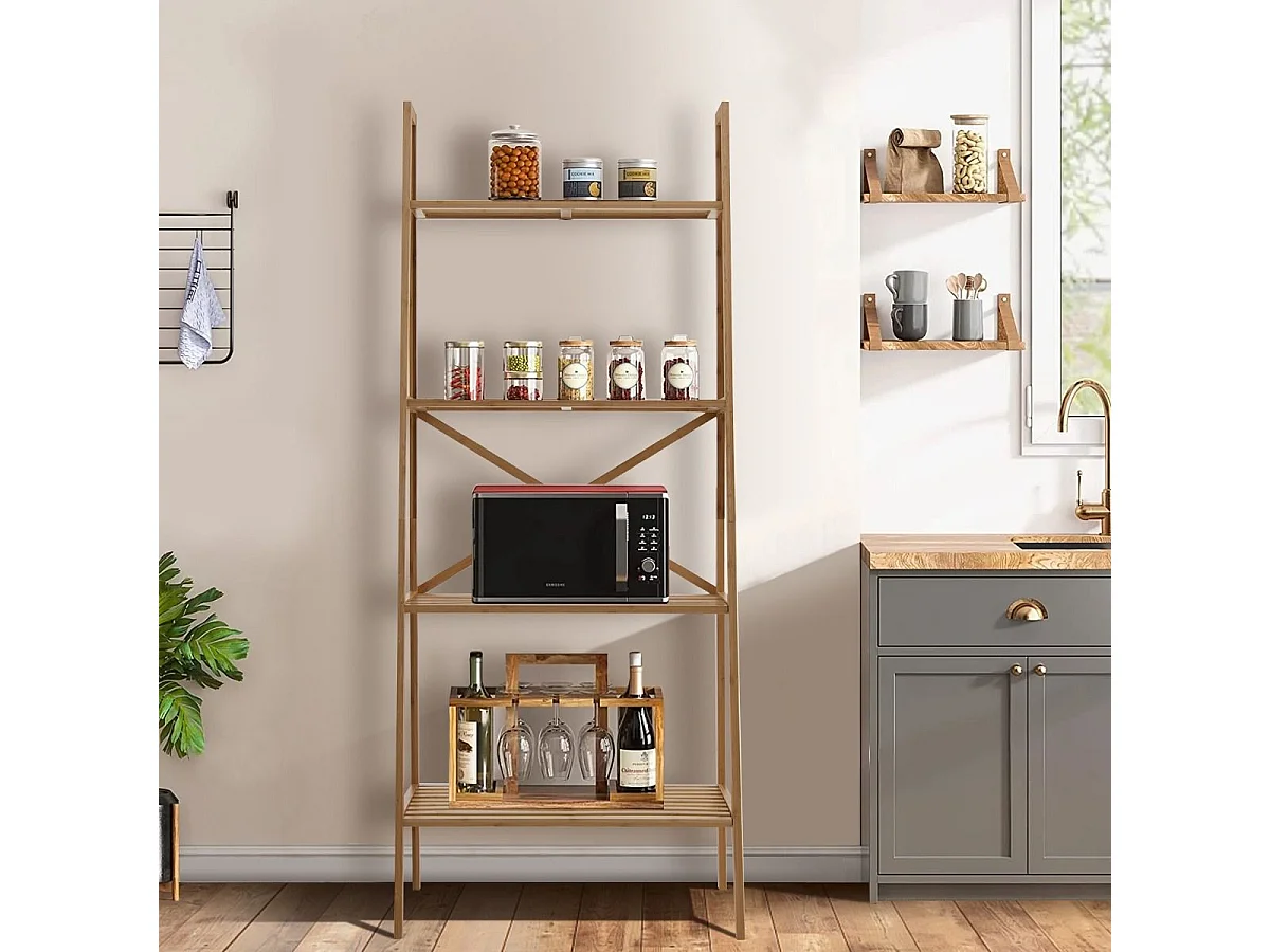 Bibliothèque en bambou à 4 niveaux, étagère échelle pour multifonctionnel, naturel