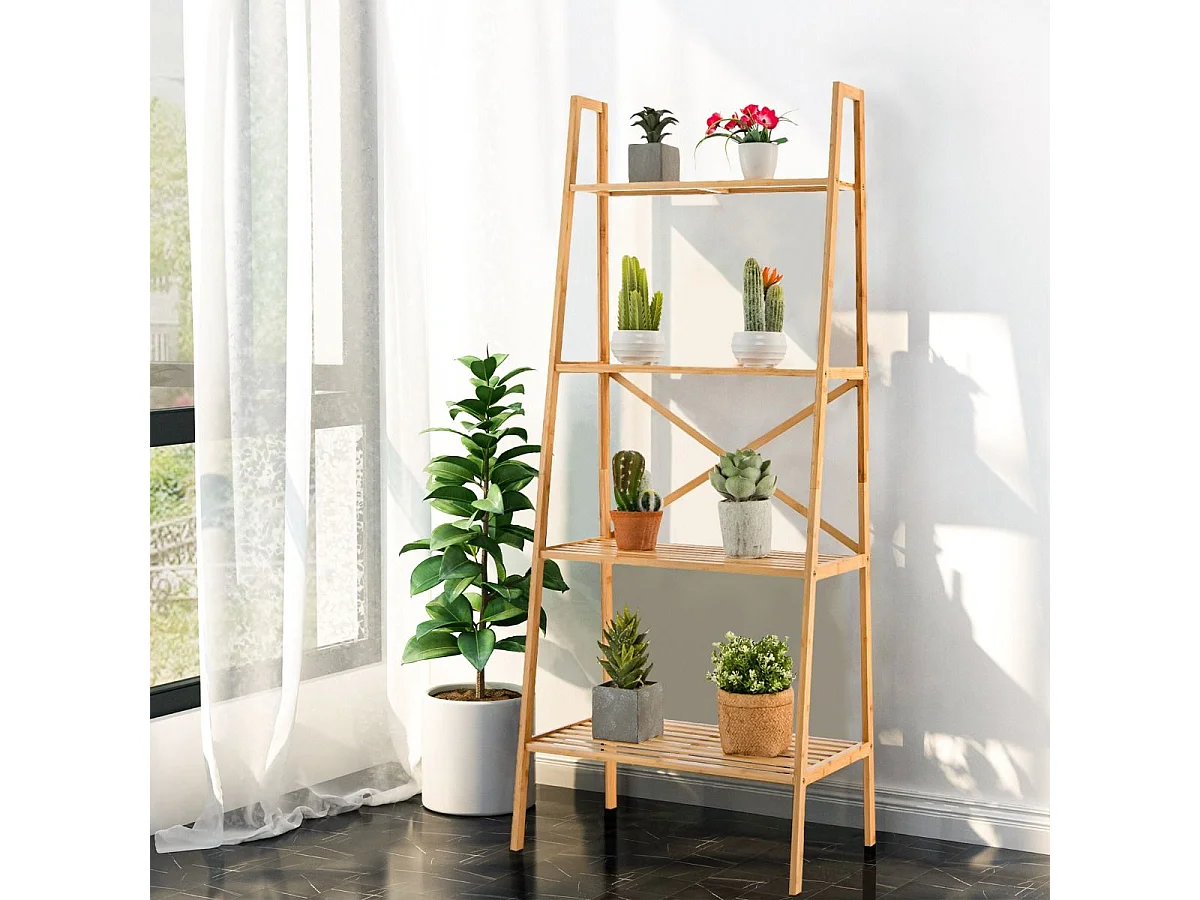Bibliothèque en bambou à 4 niveaux, étagère échelle pour multifonctionnel, naturel