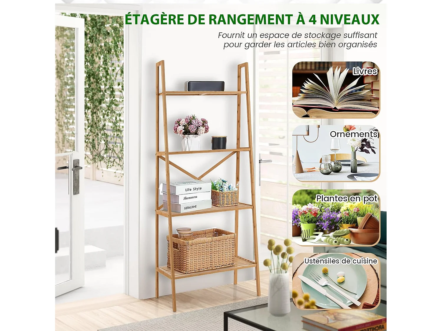 Bibliothèque en bambou à 4 niveaux, étagère échelle pour multifonctionnel, naturel