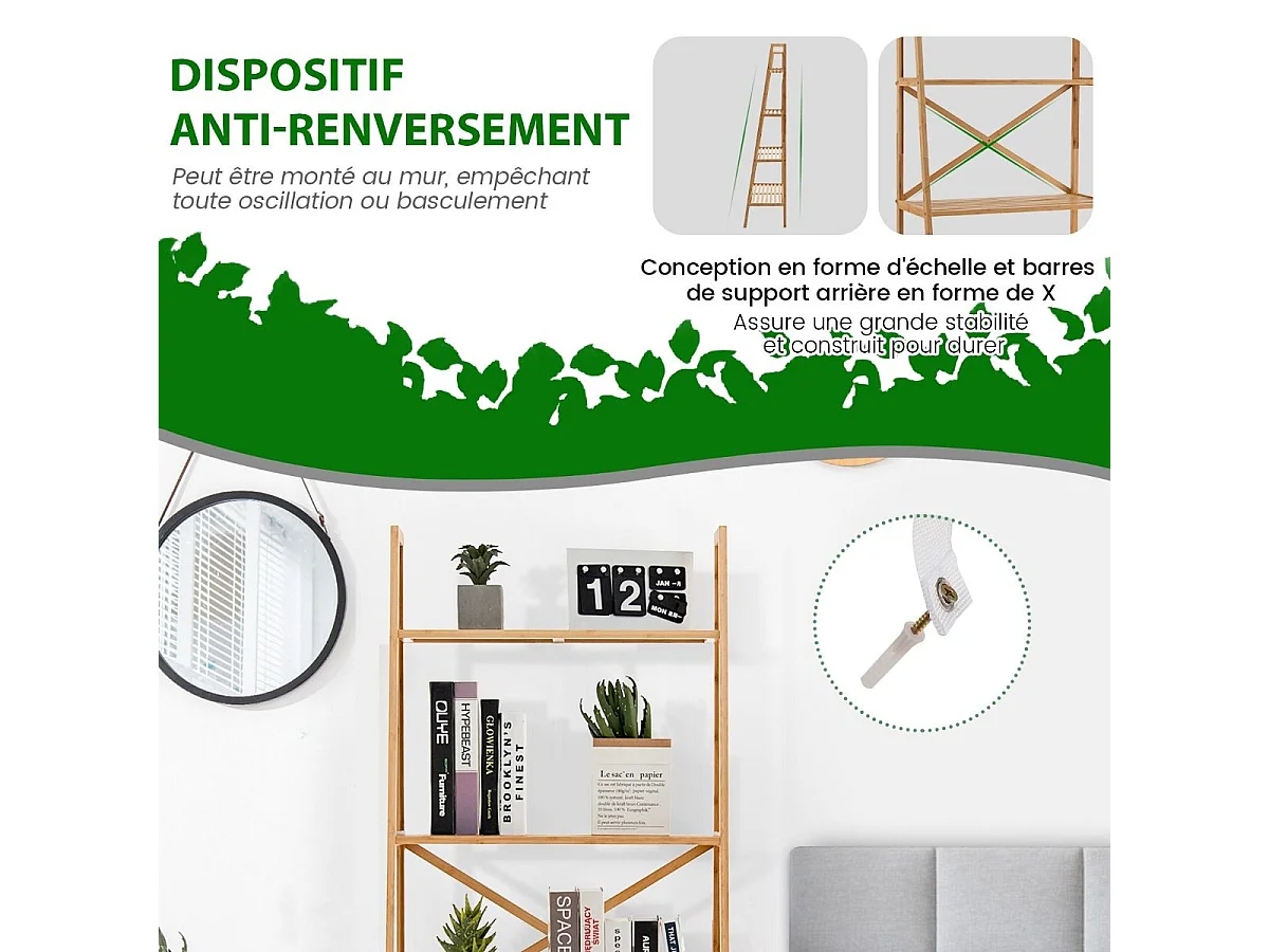 Bibliothèque en bambou à 4 niveaux, étagère échelle pour multifonctionnel, naturel