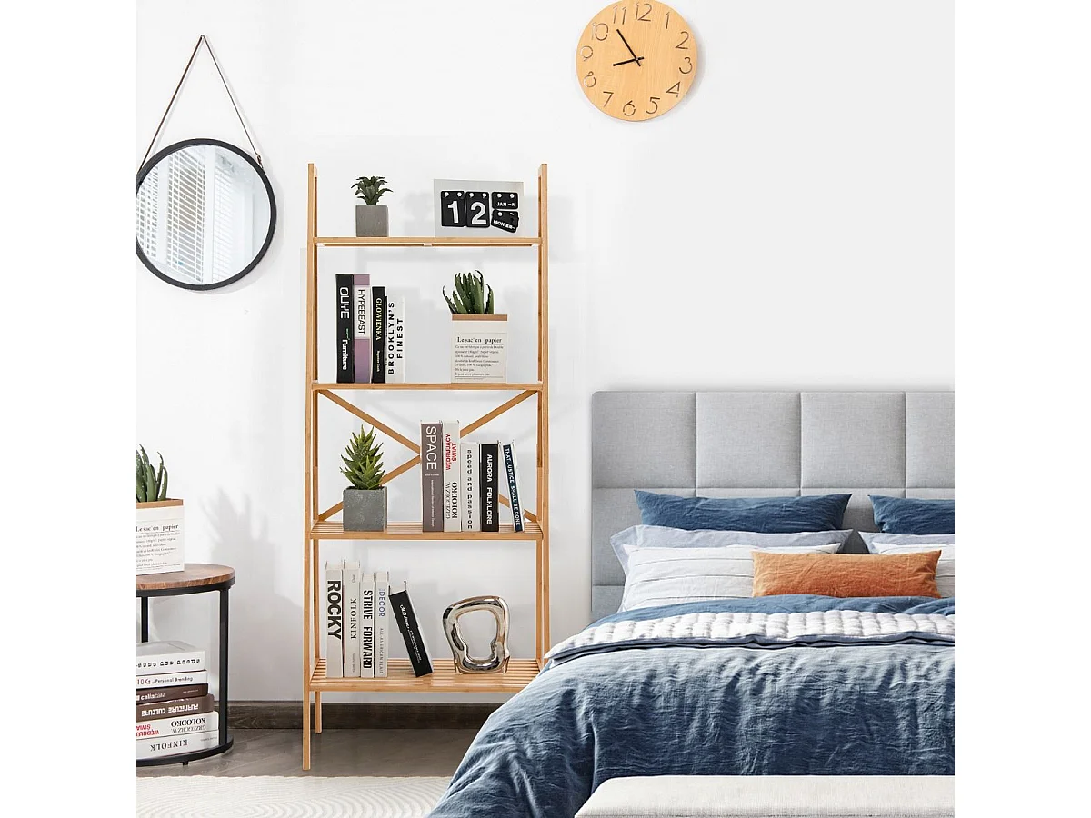 Bibliothèque en bambou à 4 niveaux, étagère échelle pour multifonctionnel, naturel