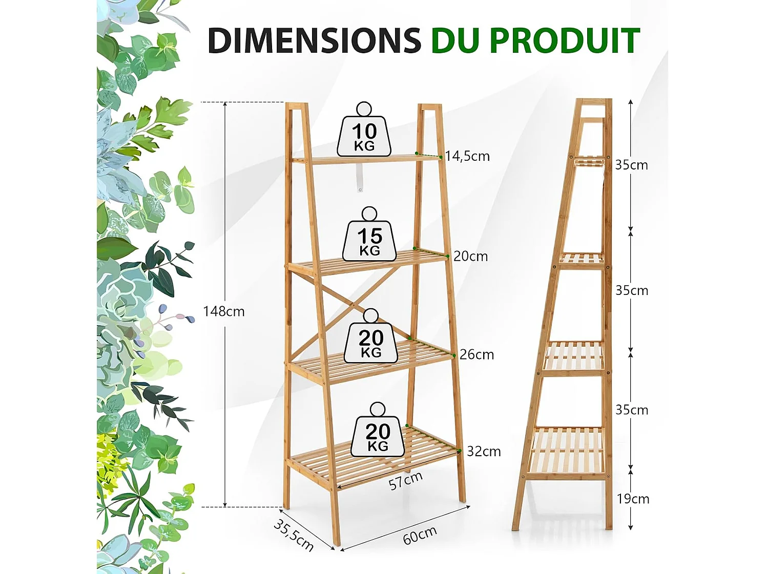 Bibliothèque en bambou à 4 niveaux, étagère échelle pour multifonctionnel, naturel