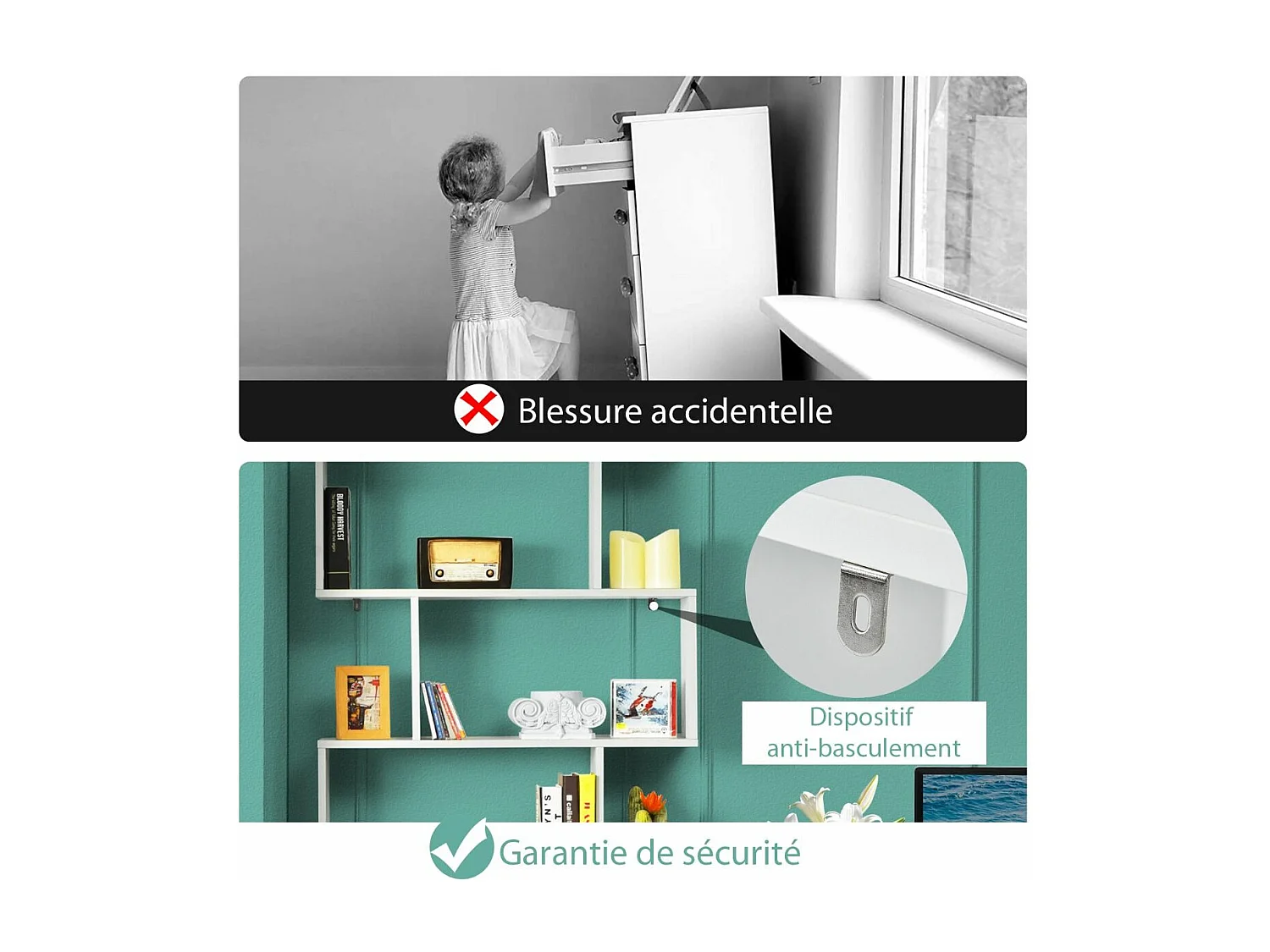 Bibliothèque en Forme de S, Étagère à 6 Niveaux, Meuble de Rangement avec Anti-basculement, 80 x 23 x 191 cm, pour Salon, Chambre, Bureau, Blanc