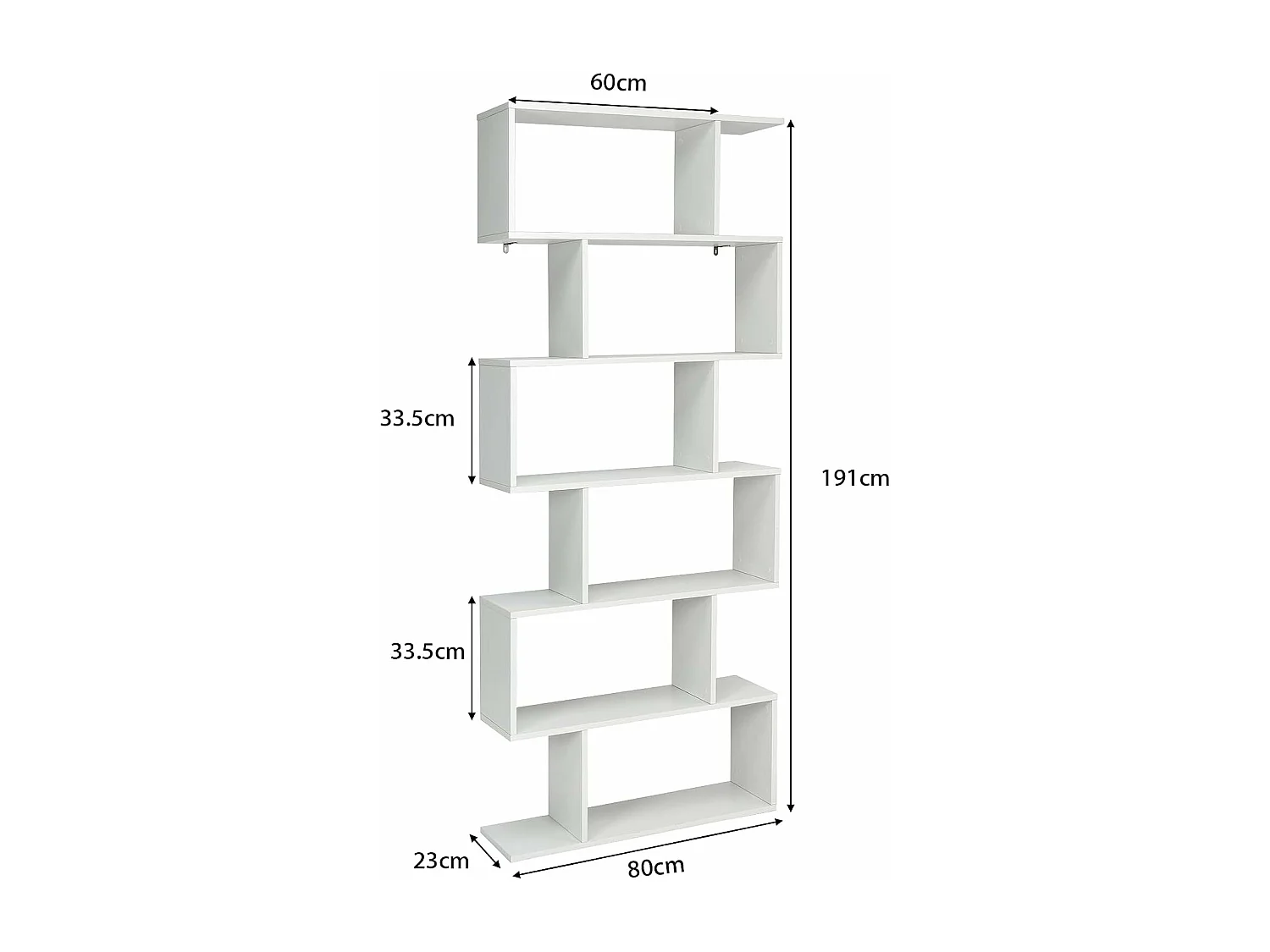 Bibliothèque en Forme de S, Étagère à 6 Niveaux, Meuble de Rangement avec Anti-basculement, 80 x 23 x 191 cm, pour Salon, Chambre, Bureau, Blanc