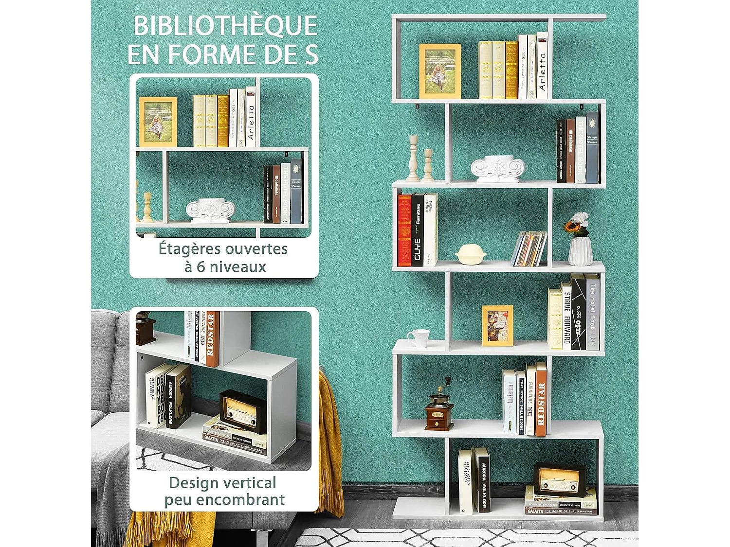 S-vormige boekenkast, 6-laags plank, opbergkast met anti-kantelfunctie, 80 x 23 x 191 cm, voor woonkamer, slaapkamer, kantoor, wit