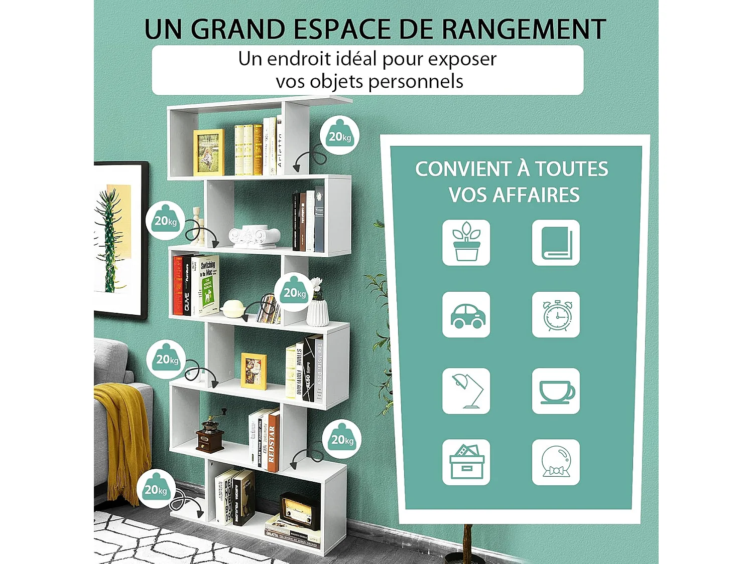 S-vormige boekenkast, 6-laags plank, opbergkast met anti-kantelfunctie, 80 x 23 x 191 cm, voor woonkamer, slaapkamer, kantoor, wit