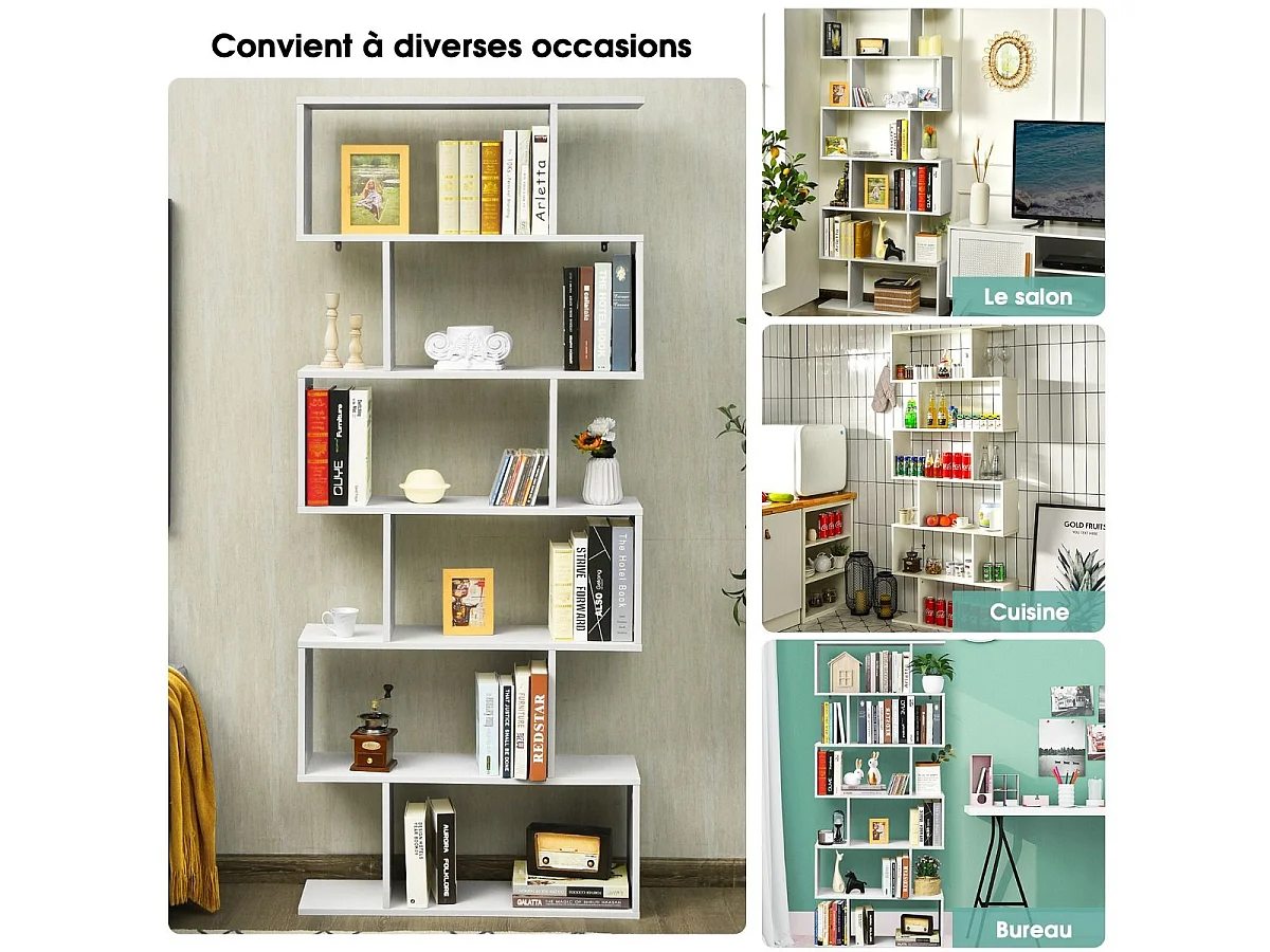 S-vormige boekenkast, 6-laags plank, opbergkast met anti-kantelfunctie, 80 x 23 x 191 cm, voor woonkamer, slaapkamer, kantoor, wit