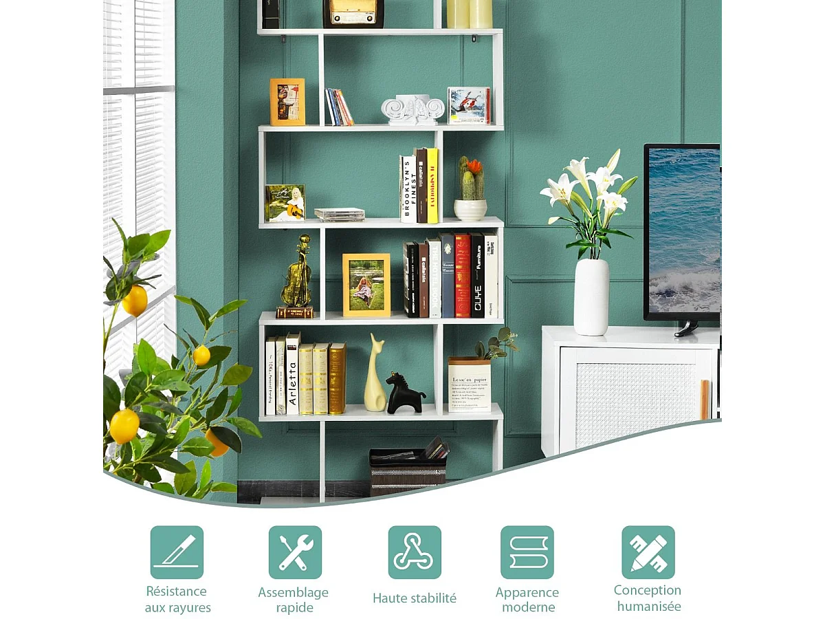 S-vormige boekenkast, 6-laags plank, opbergkast met anti-kantelfunctie, 80 x 23 x 191 cm, voor woonkamer, slaapkamer, kantoor, wit