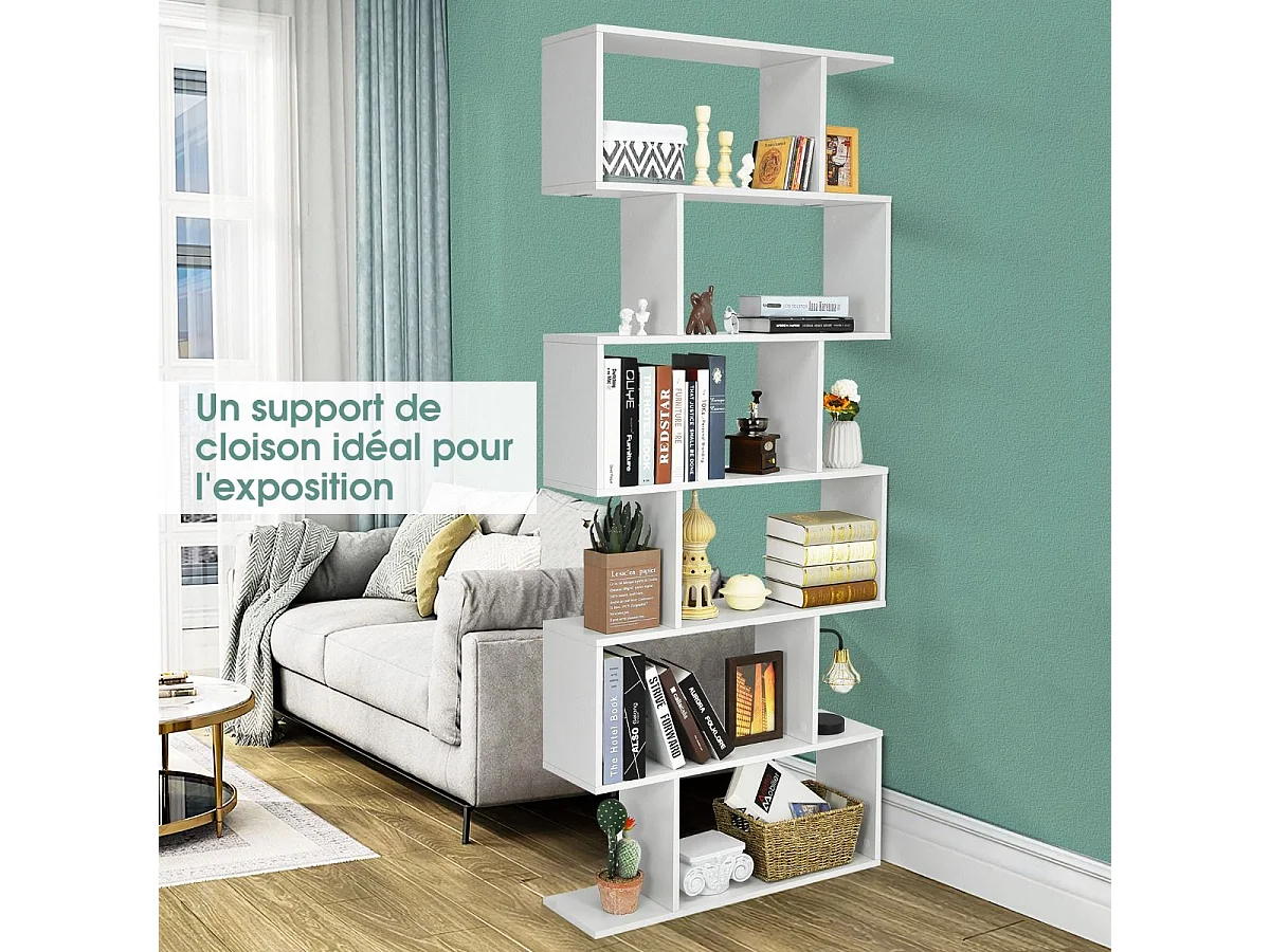 S-vormige boekenkast, 6-laags plank, opbergkast met anti-kantelfunctie, 80 x 23 x 191 cm, voor woonkamer, slaapkamer, kantoor, wit