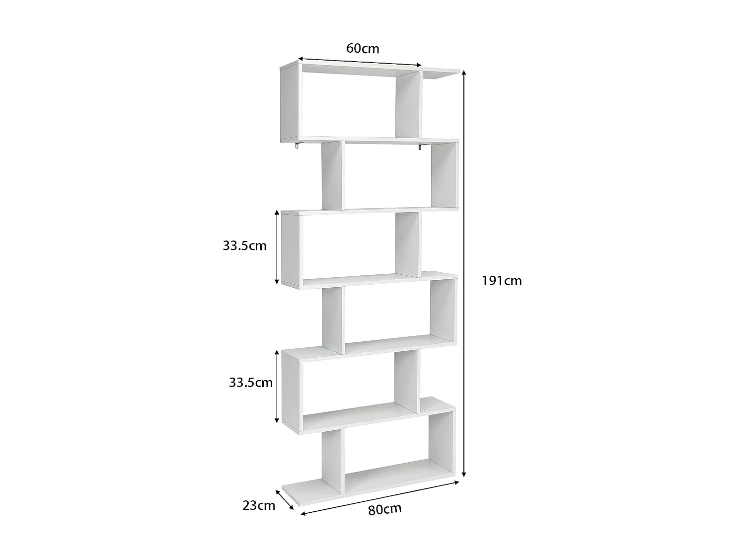 Bibliothèque en Forme de S, Étagère à 6 Niveaux, Meuble de Rangement avec Anti-basculement, 80 x 23 x 191 cm, pour Salon, Chambre, Bureau, Blanc