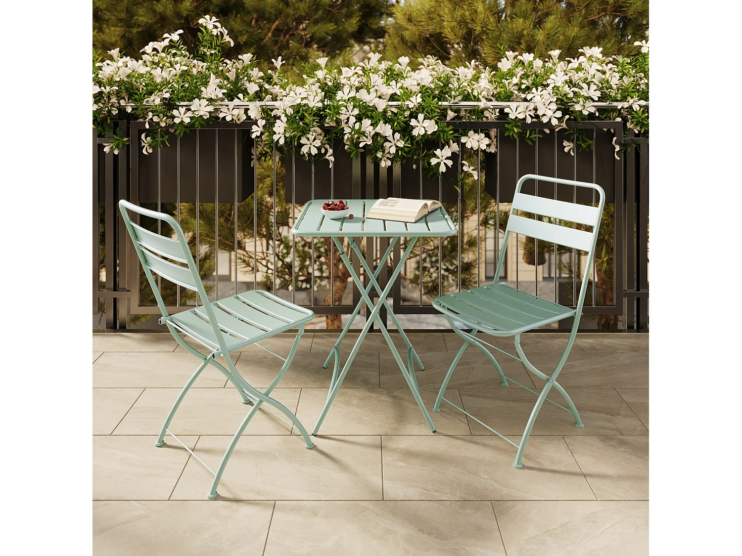 Table de jardin pliante en métal vert clair 2 personnes - Yumi