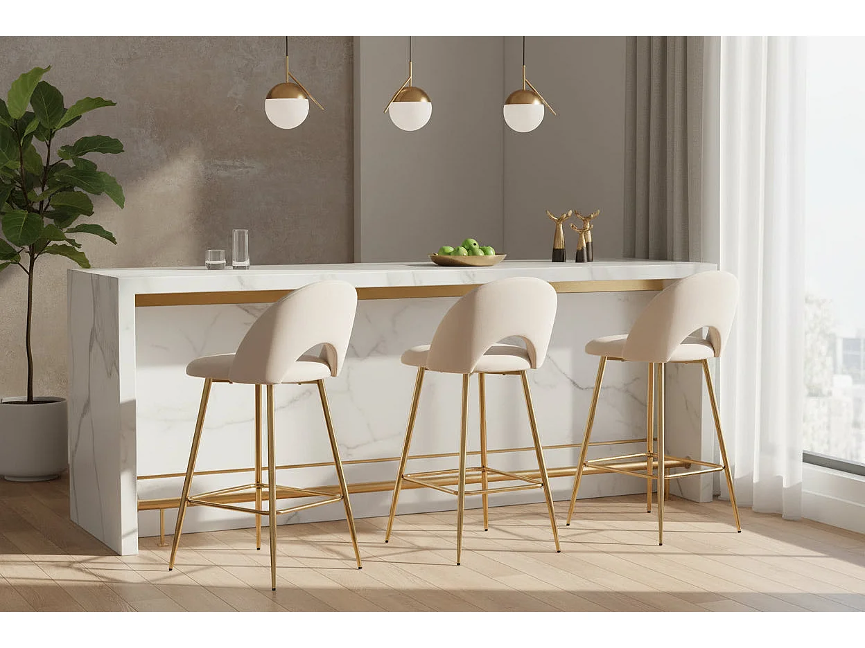 Lot 2 Tabourets de Bar Teddy Velours Beige Pieds Gold 47x36x98cm