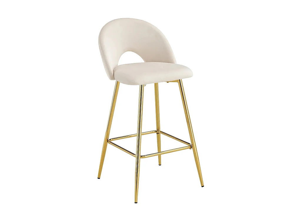 Lot 2 Tabourets de Bar Teddy Velours Beige Pieds Gold 47x36x98cm