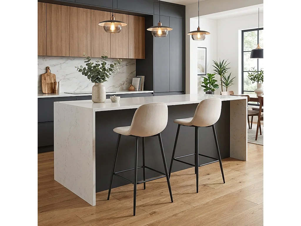 Lot de 2 tabourets de bar velours beige pieds métal noir 69 cm - SCANDINAVE